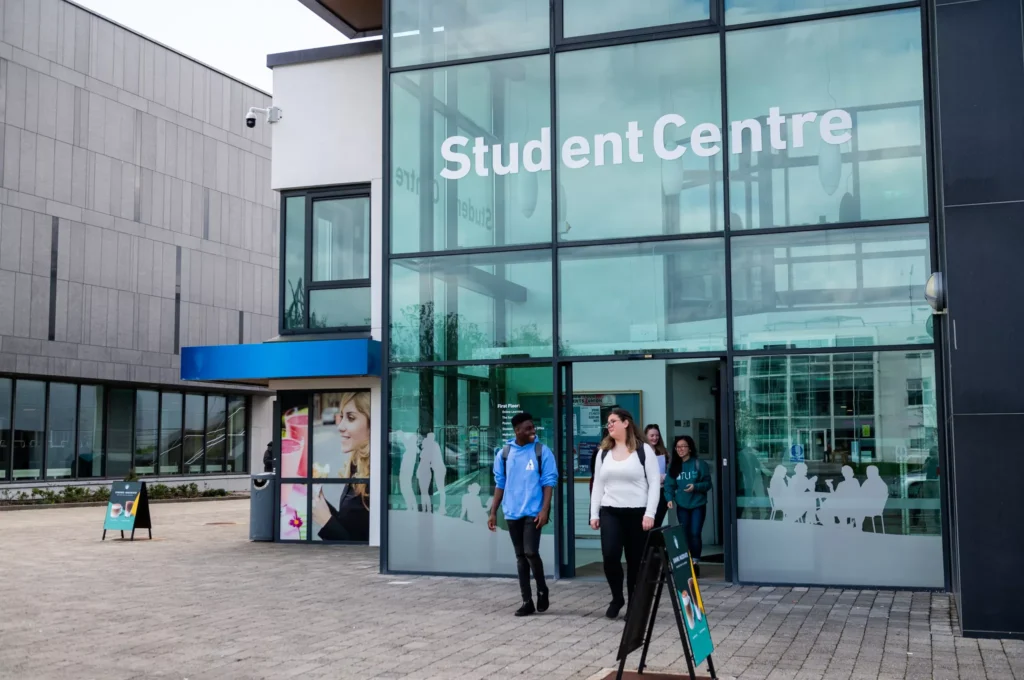 Students walking out of the Student Centre on the Sligo campus.