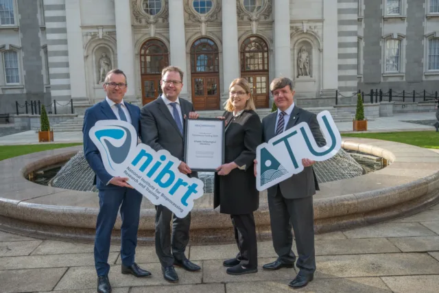 Photo Caption: Left to right: Dr Darrin Morrissey (CEO, NIBRT), James Lawless TD (Minister for Further and Higher Education, Research, Innovation and Science), Professor Jacqueline McCormack (VP for Equality, Diversity, and Inclusion (EDI) and Online & Flexible Learning at ATU), Professor Neville McClenaghan (Head of Department of Life Sciences, ATU).