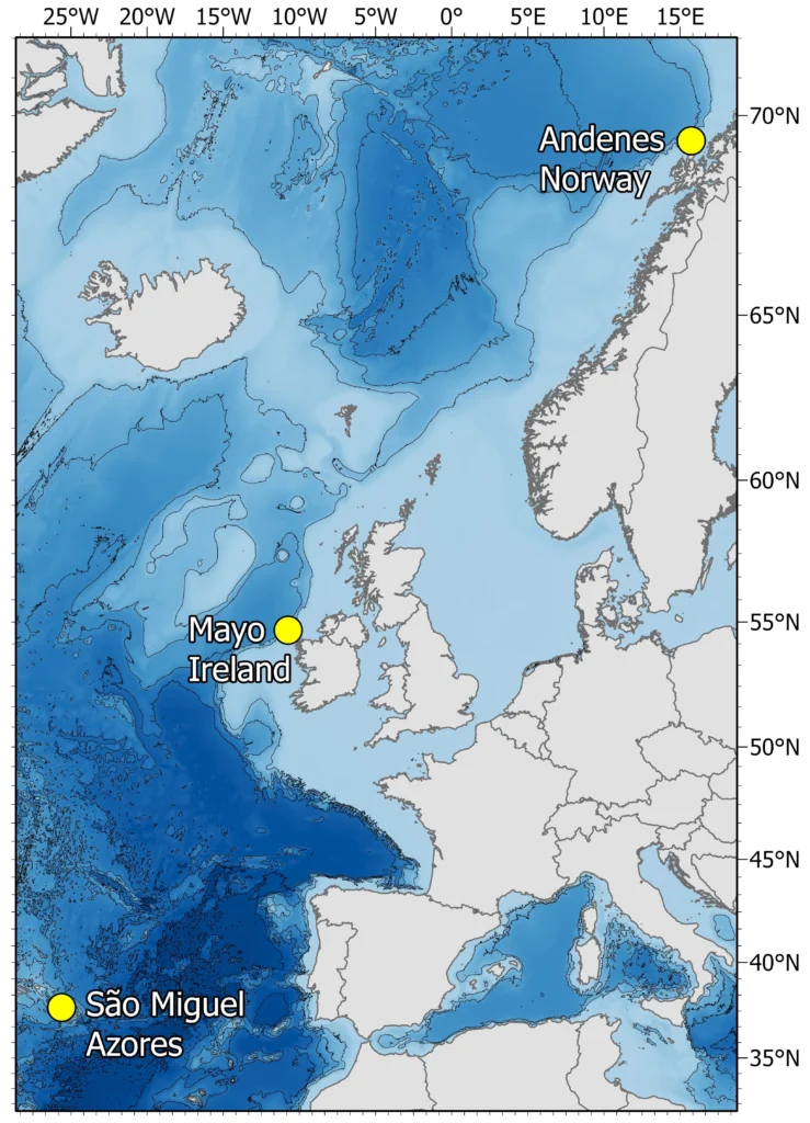 Map with photogrammetry locations marked out, São Miguel, Azores, Mayo, Ireland and Andenes, Norway.