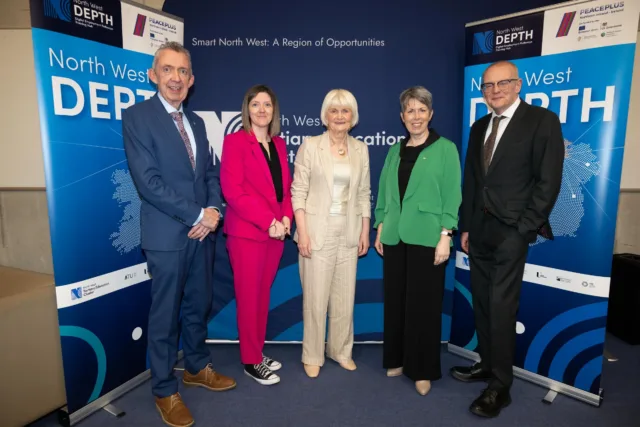 Paul Hannigan, VP for Cross Border Engagement and Head of College ATU Donegal, Claire Aldridge, Head of Skills Strategy & Policy, Department for the Economy (NI), Minister of State Marian Harkin, Department of Further and Higher Education, Research, Innovation and Science (ROI), Dr Orla Flynn, President ATU and Paul Beattie, Managing Authority Director, SEUPB.