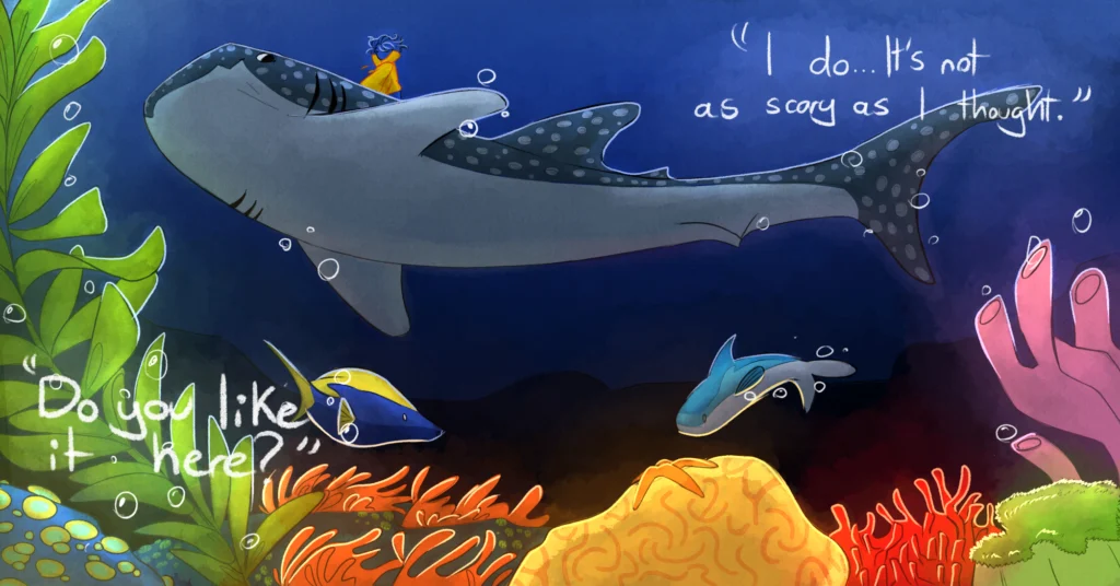 Whale Shark underwater with the words "I do...It's not as scary as I thought"