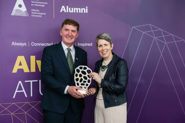 Dr Shane Loughlin is presented with an ATU Alumni Award from ATU President Dr Orla Flynn