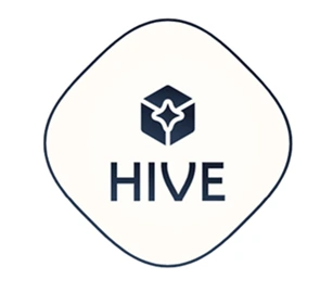 Squircle-shaped logo with the word 'HIVE' inside; features a cube design integrated into the lettering and a star at one corner.