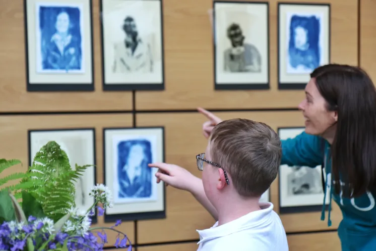 Enjoying the launch of the Creative Generations Portrait Photography Exhibition at ATU Sligo Yeats Library. A pupil from An Cuan, the Senior Autism Class in St Brendan’s National School, Cartron Point, Sligo and ATU Lecturer Aoife Cooney.