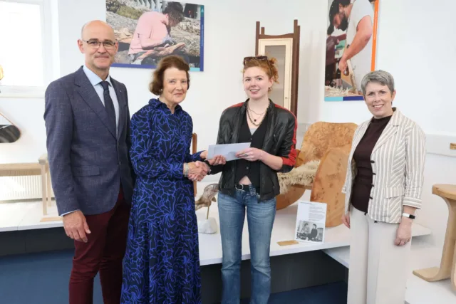 L to R: Paul Leamy, Head of Department of Furniture Design and Technology, Mary Mullin, Trustee of the Robin and Lucienne Day Foundation, presenting the Foundation Furniture Design Award to student Lucy O’Sullivan from Cahersiveen, Co. Kerry, who is studying the B.Sc. (Hons) in Furniture Design and Manufacture in the ATU Connemara campus, and Dr Orla Flynn, President of Atlantic Technological University. Lucy’s Rocking Chair is made from Irish grown Oregon maple.