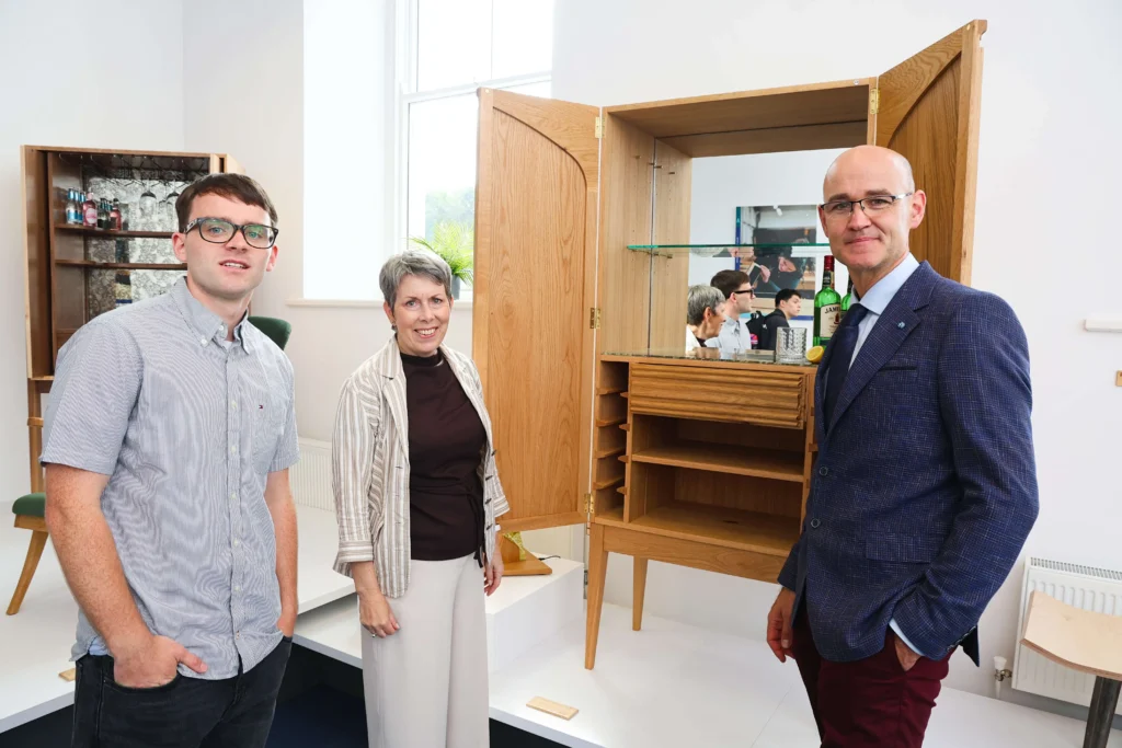 Award winner student Aidan O'Brien from Kildare Town, Co Kildare, pictured with ATU President Dr Orla Flynn and Head of Department Paul Leamy in front of his cabinet.