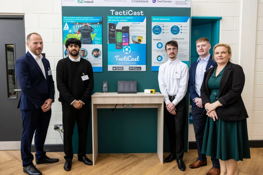 Students stand in front of their project TactiCast alongside ATU mentors David Keary and Eve-Anne McCarron