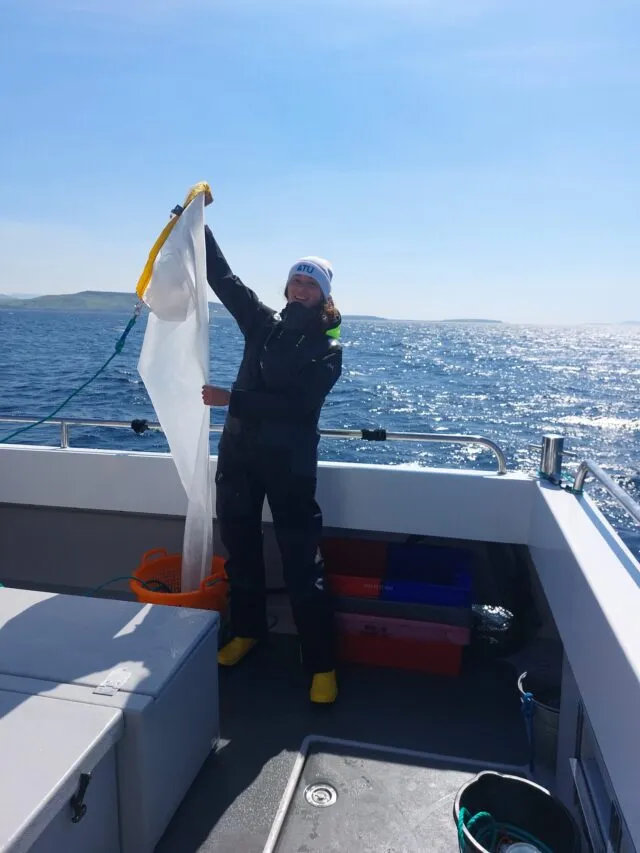 Researcher on a boat holding up a net.
