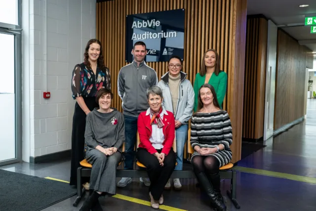 ATU staff members and representatives from Abbvie in front of the new navy coloured AbbVie Auditorium sign on the Sligo campus. Standing is (L-R) Michelle Mc Nulty, Dwayne Kelly, Nicole Gallagher, Lesley Ann Armstrong. Sitting in the front row is (L-R) Dr Michelle Glacken, Dr Orla Flynn (ATU President), Finola Howe.