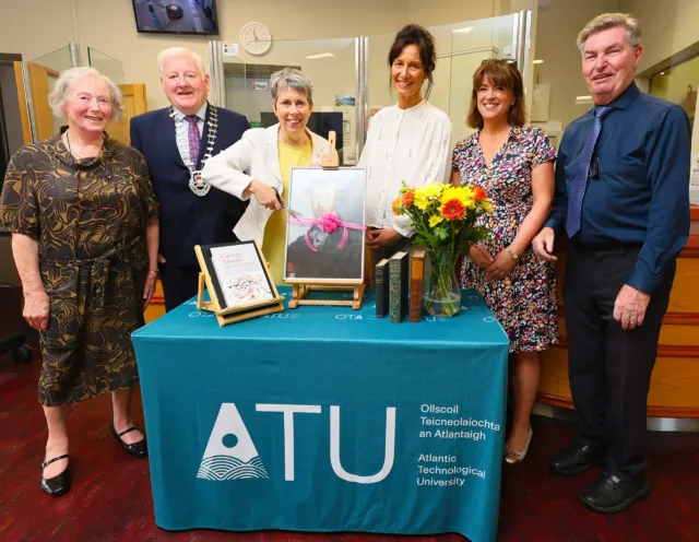L to R: Mary Pierse, George Moore Association (Trustee), Cllr John O’Hara, Cathaoirleach Mayo County Council, Dr Orla Flynn, ATU President, Dr Deirdre Garvey, Head of Dept Environmental Humanities and Social Sciences, Dr Fiona White, ATU conference organiser and lecturer, Cllr Al McDonnell, Mayo County Council.