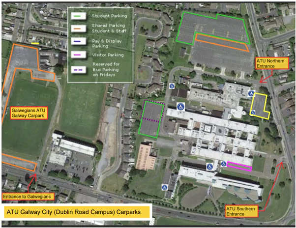 Aerial map of ATU Galway City (Dublin Road Campus) showing color-coded parking zones and labeled entrances.