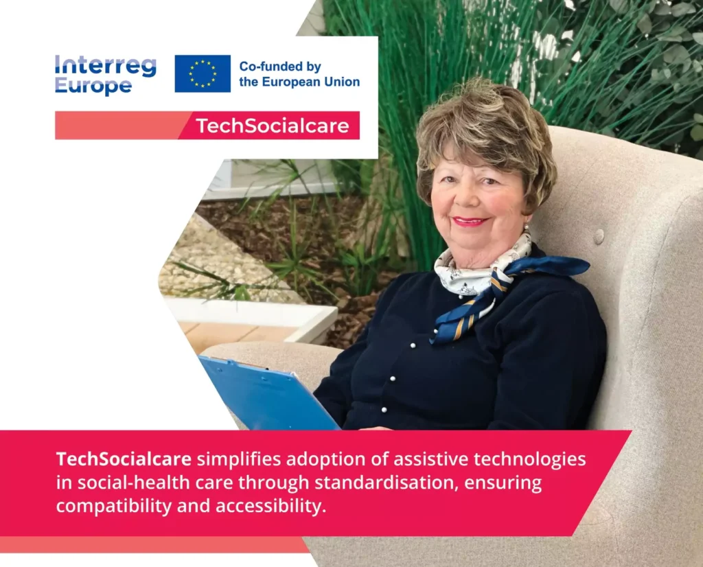 Image promoting the TechSocialcare EU funded project. Caption reads "TechSocialcare simplifies adoption of assistive technologies in social-health care through standardisation, ensuring compatibility and accessibility."
