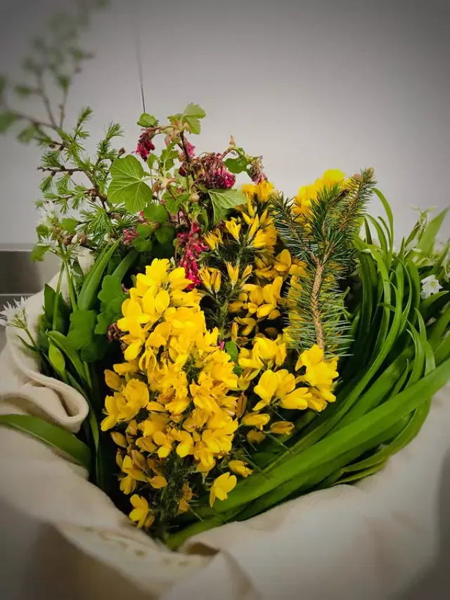 A bouquet of various flowers and greenery, including bright yellow blossoms, green leaves, and sprigs of pine. The arrangement is wrapped in a light-coloured cloth. The background is plain and out of focus.