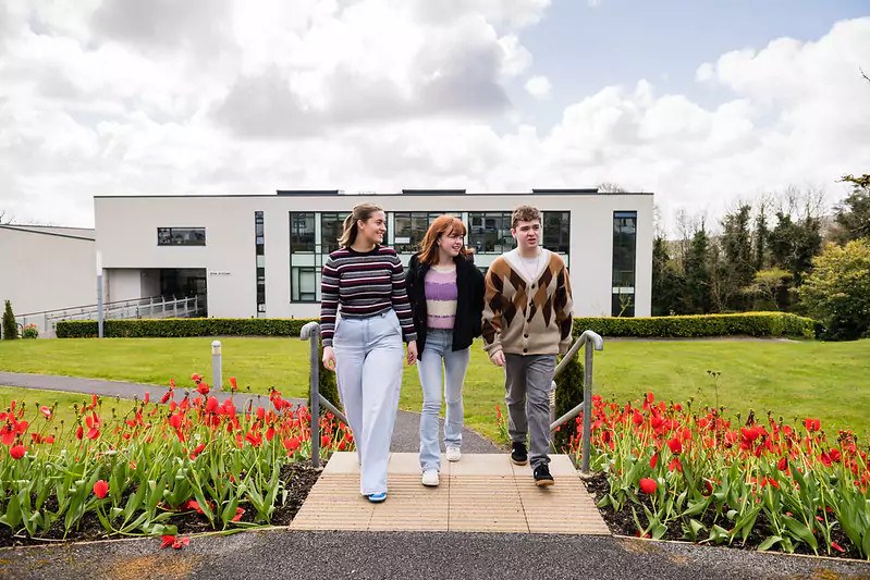 Three individuals walking along a pathway bordered by red tulips, with a modern building featuring large windows and a well-kept lawn in the background.