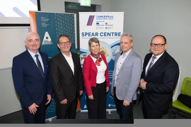 1. L–R: Peter Devine, Ulster University; Dr Nick Timmons, Atlantic Technological University; Dr Orla Flynn, President, Atlantic Technological University; Dr Mark Gubbins, Seagate Technology; Prof William Scanlon, Tyndall National Institute, at the launch of the SPEAR Centre in Letterkenny.