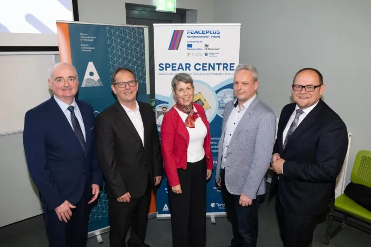 1. L–R: Peter Devine, Ulster University; Dr Nick Timmons, Atlantic Technological University; Dr Orla Flynn, President, Atlantic Technological University; Dr Mark Gubbins, Seagate Technology; Prof William Scanlon, Tyndall National Institute, at the launch of the SPEAR Centre in Letterkenny.