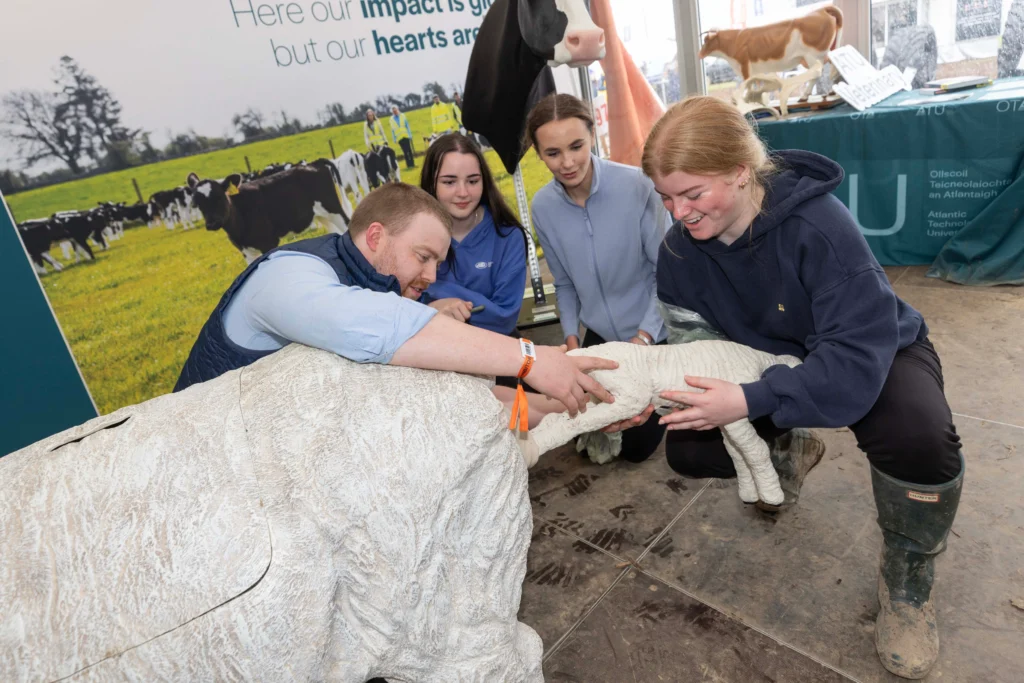Dr John Donlon ATU Veterinary Lecturer demonstrates how to deliver a lamb to TY students from Loreto Convent School, Letterkenny, at the National Ploughing Championship in Tullamore.