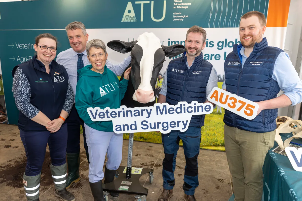 Dr Edna Curley, Head of Mountbellew Agricultural College, ATU, Dr Billy Bennett Registrar and Chief Academic Officer at ATU; Dr Orla Flynn, ATU President, Prof Patrick Pollock, new Head of Veterinary Medicine and Surgery at ATU and Dr John Donlon ATU Veterinary Lecturer pose with a cow training prop