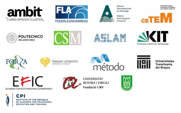 Image showing logos of multiple European universities, research institutes, and industry organizations, including Atlantic Technological University, Politecnico di Milano, KIT, University of Vaasa, and others. The logos are arranged in a grid layout