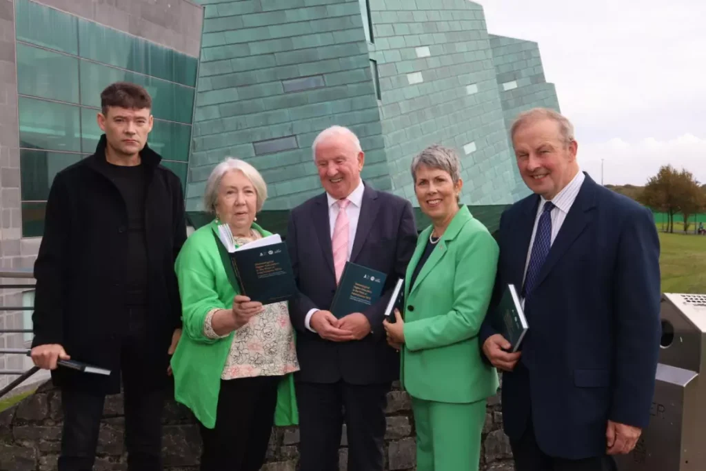 Dr Mark McCarthy, Senior Lecturer and Programme Chair in Heritage, ATU and co-editor/contributing author; Marion Coy, former GMIT President; Bernard O’Hara, former GMIT Registrar and co-editor/contributing author; Dr Orla Flynn, President, ATU; and Dr Michael Hannon, former GMIT Acting President all holding a copy of the new book.