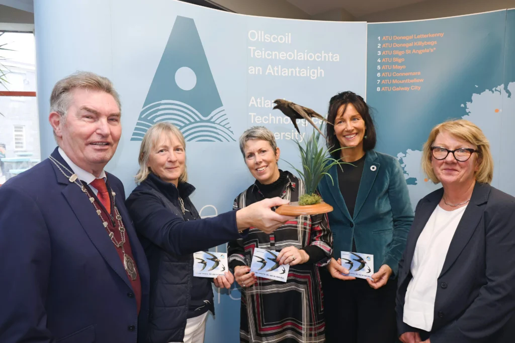 Announcing details of the International Swift Conference to be hosted by ATU next year (2026) in the Mayo campus, L to R, Al McDonnell, Mayo Co Council Cathaoirleach; Lynda Huxley, founder of Swift Conservation Ireland & Mayo; Dr Orla Flynn, ATU President; Dr Deirdre Garvey, ATU Head of Dept, Anne Wiseman, ATU Green Campus Officer.