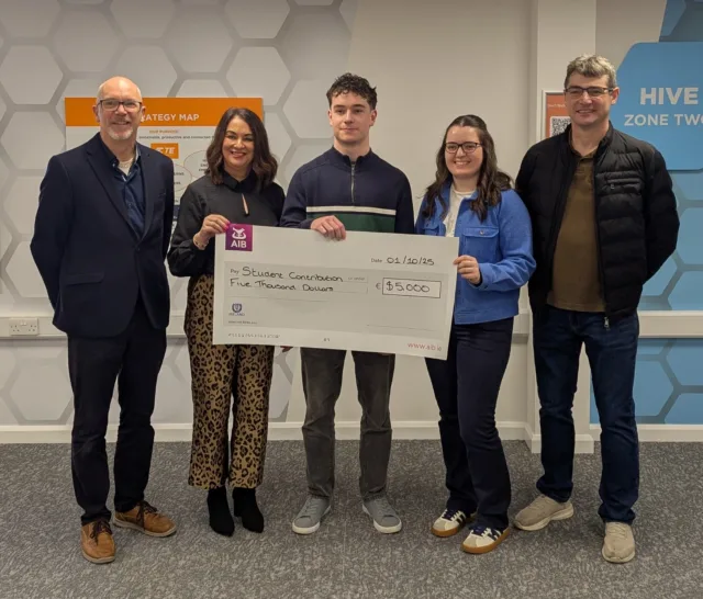 Eamon Walsh, Mechanical and Industrial Engineering Head of Department, ATU Galway; Ailish Conway, Talent Attraction Specialist – HR Coordinator TE Connectivity; Shane Finnerty, Manufacturing Engineering Design – bursary recipient; Kate Rooney, Biomedical Engineering – bursary recipient; and Oliver Mulryan, Engineering Lecturer and ATU Community Ambassador.