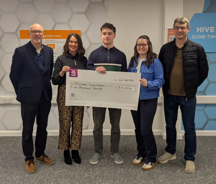Eamon Walsh, Mechanical and Industrial Engineering Head of Department, ATU Galway; Ailish Conway, Talent Attraction Specialist – HR Coordinator TE Connectivity; Shane Finnerty, Manufacturing Engineering Design – bursary recipient; Kate Rooney, Biomedical Engineering – bursary recipient; and Oliver Mulryan, Engineering Lecturer and ATU Community Ambassador.
