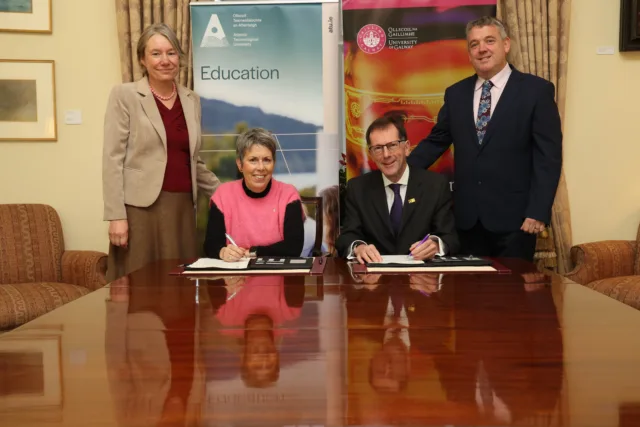 Professor Becky Whay, Deputy President and Registrar of University of Galway, Dr Orla Flynn, President of Atlantic Technological University, Professor David Burn, President of University of Galway, and Dr Billy Bennett, Vice President for Academic Affairs and Registrar at Atlantic Technological University. Credit Aengus McMahon.