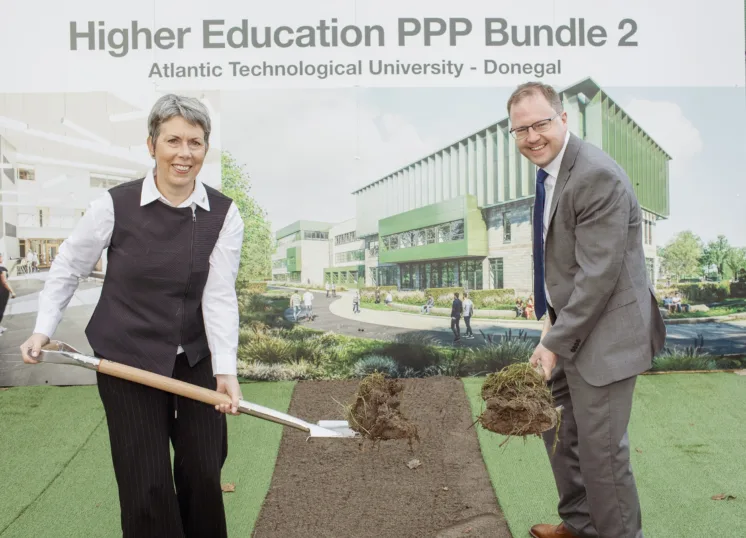 Dr Orla Flynn and Minister James Lawless turning the sod at ATU Letterkenny campus