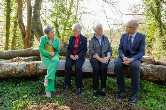 Photo Caption: Dr Orla Flynn, ATU President with Paul Leamy, Head of Department of Furniture Design & Technology at ATU discussing the “Seats of Learning” with Sr Moya Hegarty and Sr Marianne O Connor from the Ursuline Order, during a visit to ATU’s St Angela’s campus. Trees that fell during recent storms at ATU St Angela’s will be used to create the seat.