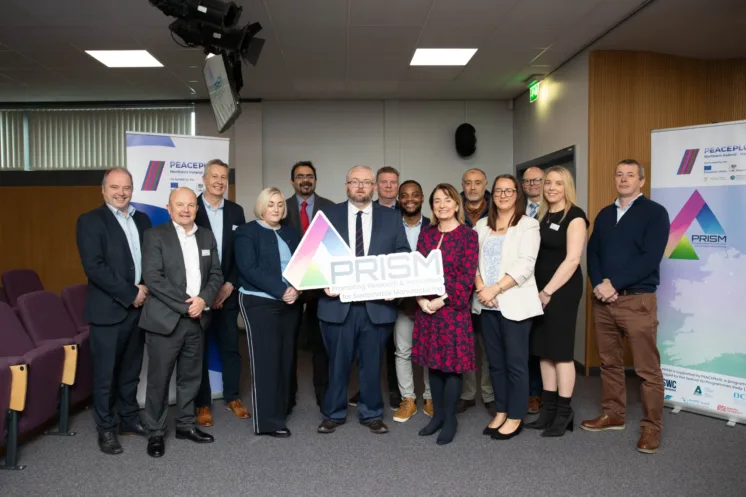 Pictured at the launch of the Promoting Research & Innovation for Sustainable Manufacturing Programme (PRISM) at South West College. The €7.2 million PRISM project is supported by PEACEPLUS a programme managed by the Special EU Programmes Body (SEUPB).