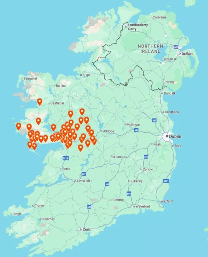 Locations of the 67 schools doing Rainbow Lab (Saotharlann an Bhogha Báistí) activities during Science Week 2025.