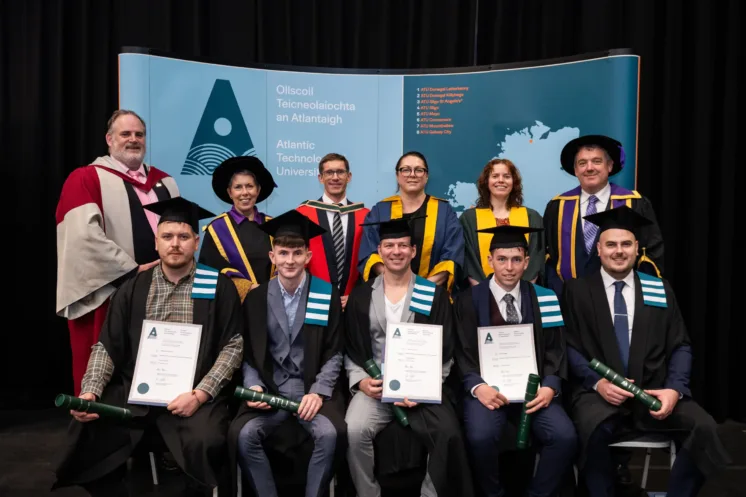 L-R Back row: Prof Graham Heaslip, Dean Faculty of Engineering and Computing at ATU, Dr Orla Flynn, ATU President, Dr Trevor McSharry, Head of School of Building and Civil Engineering at ATU, Dr Emma Britton, Director of Civil Engineering Apprenticeship, Dr Ruth Quinn, Head of Department of Civil Engineering and Construction, Dr Billy Bennet, Registrar and Chief Academic Officer at ATU. L-R Front row graduates: Vidmantas Kulevicius, Brian McNamara, Arvydas Serapinas, Oisin Gilligan and Dale Fitzgerald. (One graduate unable to make it- Daniel Murphy)