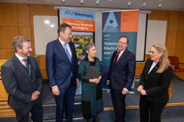 Professor Patrick Pollock, Head of the Department of Veterinary Medicine at ATU; Charlie McConalogue, Minister of State at the Department of Culture, Communications and Sport; Dr Orla Flynn, ATU President; James Lawless, Minister for Further and Higher Education, Research, Innovation and Science; and Dr Joanne Gallagher, Dean of the Faculty of Health Sciences at ATU.