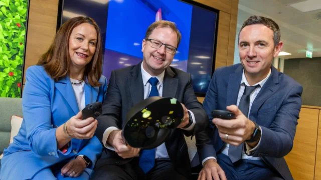 Minister James Lawless at the launch with Sheila Kavanagh, Network Director, Vodafone Ireland, and Karol Dempsey, Project Lead ATU. Photo: Naoise Culhane