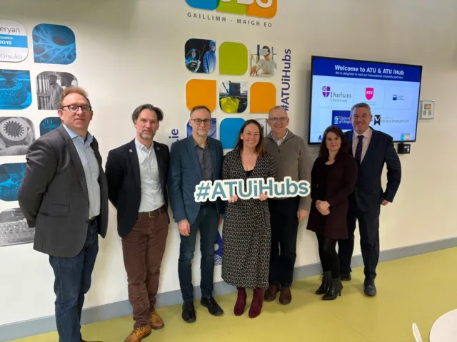 ATU iHub Manager Turlough Rafferty, Professor Carl Goodyear, University of Glasgow, Michael Marsden, Nottingham Trent University, Professor Abby Cathcart, Queensland University of Technology, Professor Tony Fawcett, Durham University, Professor Gill Knight, University of Wolverhampton, and Dr Billy Bennett, Registrar and Chief Academic Officer, ATU.