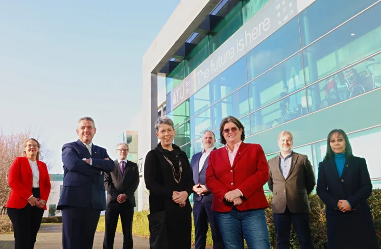 Standing L-R: Dr Amelia Au-Yeung – Dean of Faculty of Business, Dr Paddy Tobin – Dean of Faculty of Design, Education & Social Science, Prof Graham Heaslip – Dean of Faculty of Engineering and Computing and Dr Joanne Gallagher – Dean of Faculty of Science and Health. 