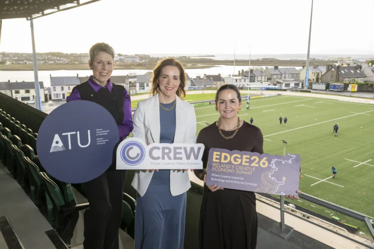 Niamh Costello, CEO of CREW, and Dr Orla Flynn, President of ATU, Sandra Fahy, Connacht Rugby launching EDGE26 – Ireland’s Creative Economy Summit where Creative Industries, Technology and Enterprise Converge. The Summit will take place on Thursday, May 21st, at Dexcom Stadium, Galway. Photo: Andrew Downes, XPOSURE.