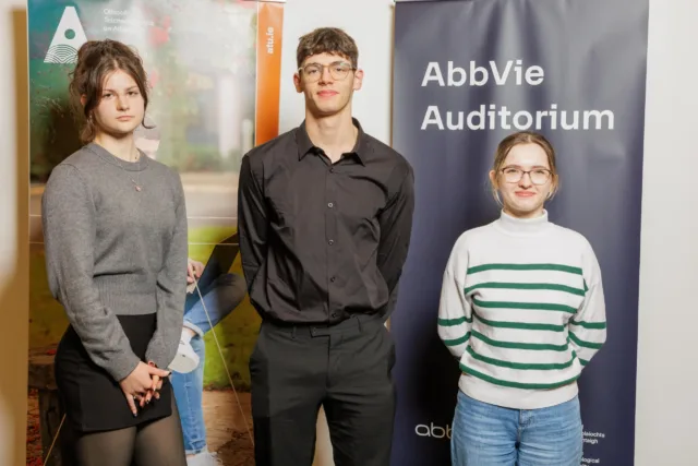 The three AbbVie scholars are, L-R: Onysiia Sokolianska, Brandon Clarke, and Jana Lietauniece.