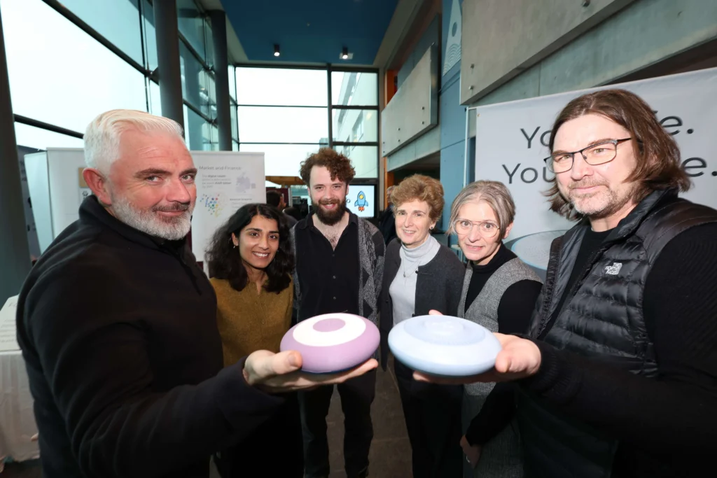 ATU MSc student Jim O’Dwyer from Roscrea, Tipperary, who works in the HSE; Mona Sharma, Logitech, Professional Adviser; MSc student Patrick O’Hare, Galway city, who works in ATU Dept of Creative Arts & Design; Emer Cahill, Chair of MSc in Design & Innovation; MSc student Finbar Maguire from Kinvara, Co Clare, who works in Aerogen, pictured with their product “iiuvo” (from the Latin “to assist”, which aims to help blind and vision impaired adults independently join online exercise classes, providing easy web access solely through voice.