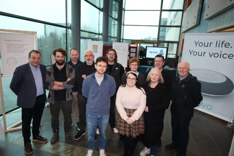 L to R: Martin Taggart, ATU lecturer; Patrick O’Hare, Galway city, who works in ATU Dept of Creative Arts & Design; David Keary, ATU lecturer; ATU MSc student Jim O’Dwyer from Roscrea, Tipperary, who works in the HSE; Iain Fordham, Kinvara, Co Clare, who works in Boston Scientific; MSc student Finbar Maguire from Kinvara, Co Clare, who works with Aerogen; ; MSc students Hannah McCreanor from Mervue, Galway City , who works in Merit Medical, Mervue; Emer Cahill, Chair of MSc in Design & Innovation; Sharon Boyle, lecturer; Derek Thornton, ; lecturer; Gabriel Costelloe, founder of the MSc in Design & Innovation.