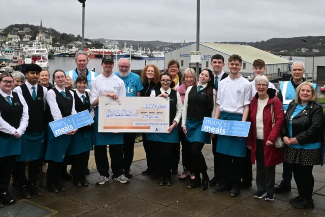 ATU first, second, and third-year BA Culinary Arts students, second-year Hotel Management and Hospitality Operations students, and fundraiser attendees pictured with Father Eamonn Kelly and Patricia Friel, Executive Director of Mary’s Meals Ireland.