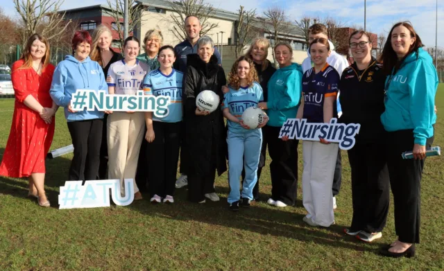 Front row L to R: Dr Gail Cummings (Lecturer), Breda Mulgrew(Lecturer), Niamh Mc Gloin (Nursing Student), Ciara Mc Devitt (Nursing Student), Dr Orla Flynn (President of ATU) , Roisin Mc Gee (Nursing Student), Charlene Bogan (Lecturer), Amelia Mc Arthur (Nursing Student), Caitriona Carroll (St Eunan's G4M&O), Elaine Walsh (Lecturer). Back Row L to R: Dr Sarah Brennan (GP), Dr Louise Mc Bride (Head of Department Nursing and Healthcare), Michael Murphy (Head of Sport), Marion Doogan (Director of Midwifery LUH), Adam Campbell (Nursing Student).