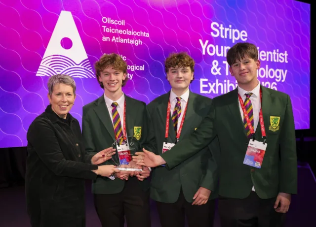 ATU President, Dr Orla Flynn pictured with Sandford Park School students Benjamin Griffiths, Alfie Patrick Scott Stephenson and Sam Colleary, winners of ATU’s sponsored prize for ‘Best Use of Technology’ for their project