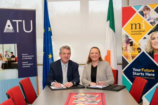 Pictured at the signing of the MoU between Atlantic Technological University (ATU) and Monaghan Institute to formally expand their long‑standing collaboration are Director of Monaghan Institute, Martina Rooney and Dr Billy Bennett, Registrar and Chief Academic Officer, ATU. 