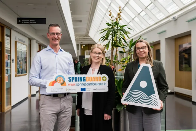Photo Caption: Louis Walsh ATU Springboard Co-ordinator, Professor Jacqueline McCormack VP for EDI & Online & Flexible Learning and Springboard Graduate of the Higher Diploma in Business Analytics Kate Mlynarska - welcome the news of the 2026/27 Springboard+ funded courses.