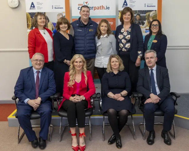 Back Row, L to R: ATU staff Celene Dunphy, Clodagh Geraghty, Declan Hoban, Veronica Beirne, Caroline Clarke, Programme Chair, ATU HRM programme, Shemeem O’ Toole. Front row, L to R: Michael Gill, ATU Head of Dept, Michelle Murphy, Director, Collins McNicholas Recruitment and HR Services Group, Dr Michelle O’Sullivan, Associate Professor, Department of Work and Employment Studies, University of Limerick, and Dr Seamus Lennon, Head of the ATU Galway-Mayo School of Business.