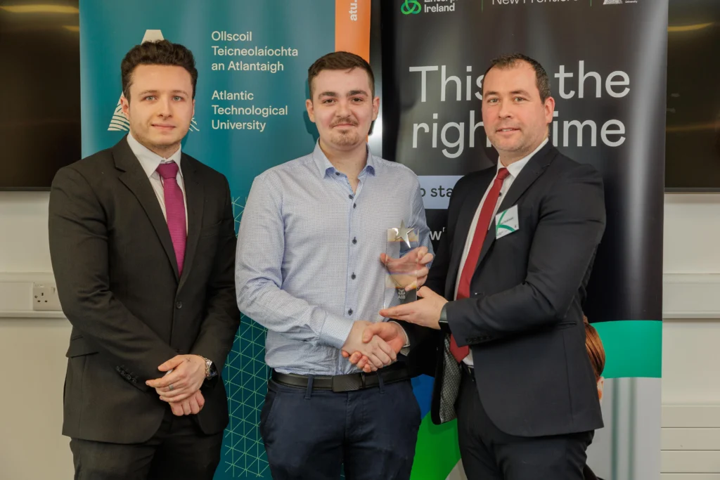 Best Pitch award winner, Connor Feehily, pictured with sponsors Pauric Lavin and Paul Robinson, AIB