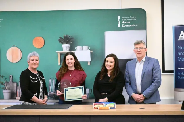 Ciara Mulligan received the Best Overall New Product Development (NPD) and Presentation Award 2026 for VitalBites, a range of functional granola bars designed to provide convenient nutrition for busy consumers. Pictured with L-R: Tracy Ferguson, Economic Development Officer at Sligo Local Enterprise Office, Clíodhna Griffin, Business Development Executive at Bord Iascaigh Mhara, and Robert Hosey, Group Technical Manager at Aurivo. 