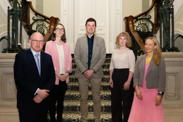 eft-Right: Colm O’Reardon, Secretary General, Department of Further and Higher Education, Research, Innovation and Science; Dr Jennifer Gaughran, DCU, Co-lead PUreTex Team; Dr Niall Maloney, ATU, Lead of the NanoSA Team; Dr Susan Kelleher, DCU, Lead of the PUreTex team; and Dr Ruth Freeman, Director of Research for Society, Research Ireland. Photo: Johnny Mallin